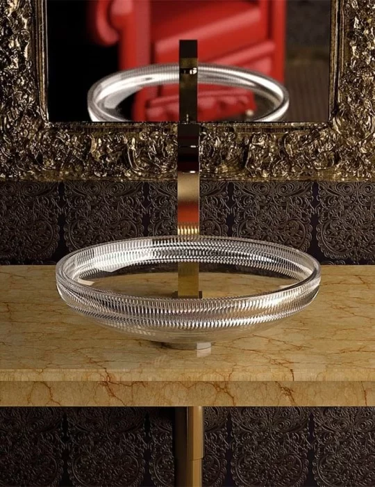 Vasque en cristal pour salle de bain Clivia, de Glass Design. Vasque en cristal pour salle de bain Clivia, de Glass Design.