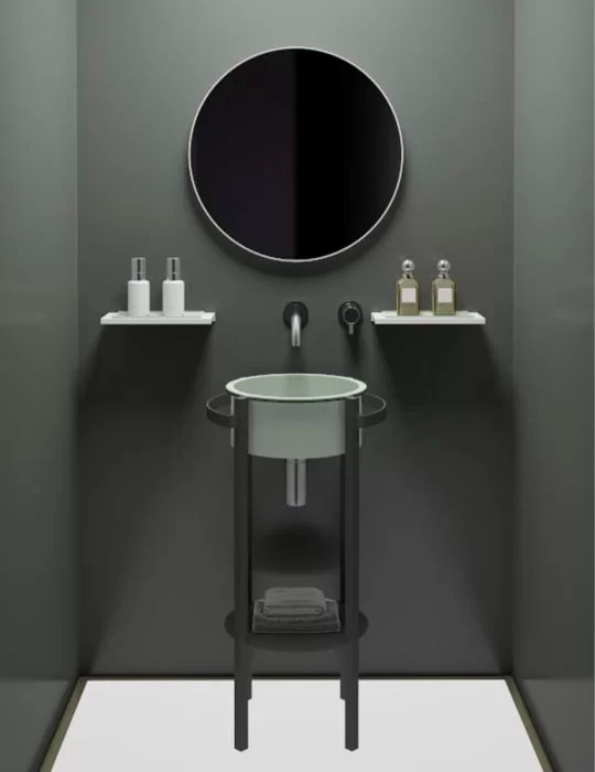 Lavabo console Tondo Plus en inox et VetroFreddo®, de Glass Design