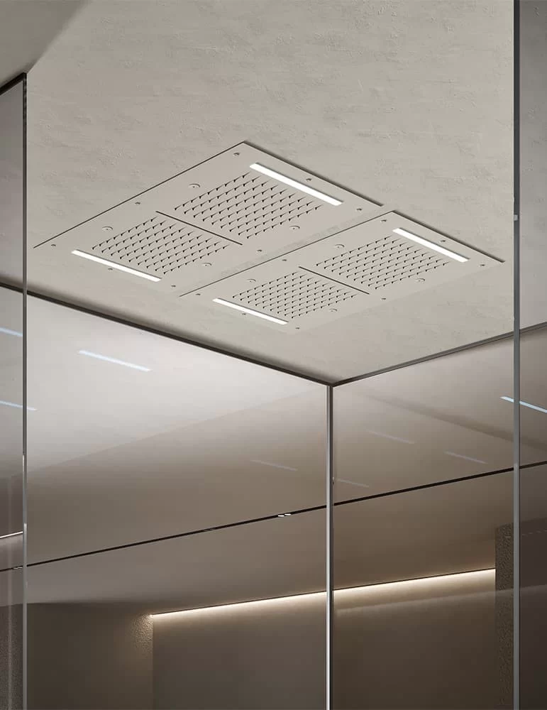 Plafond de douche ciel pluie, cascade, brumisateurs et chromothérapie.