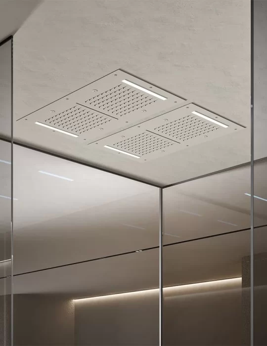 Plafond de douche ciel pluie, cascade, brumisateurs et chromothérapie.