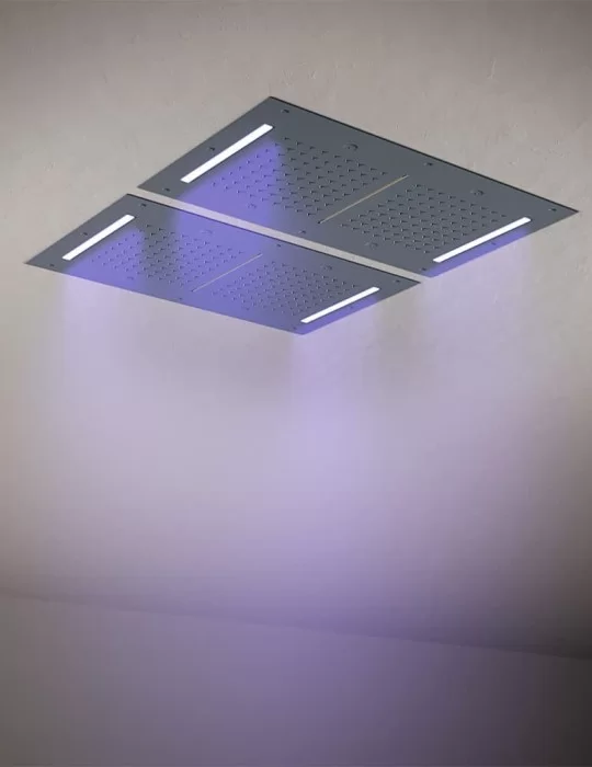 Plafond de douche ciel pluie, cascade, brumisateurs et chromothérapie.