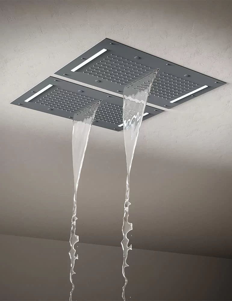 Plafond de douche ciel pluie, cascade, brumisateurs et chromothérapie.