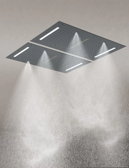 Plafond de douche ciel pluie, cascade, brumisateurs et chromothérapie.