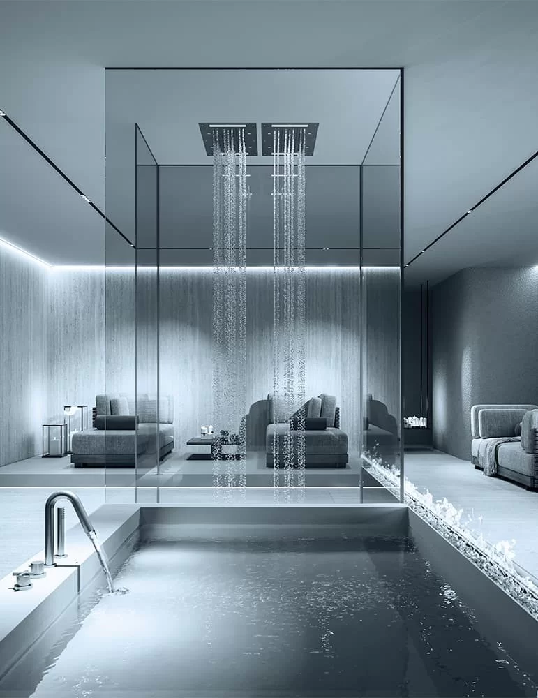 Plafond de douche ciel pluie, cascade, brumisateurs et chromothérapie.
