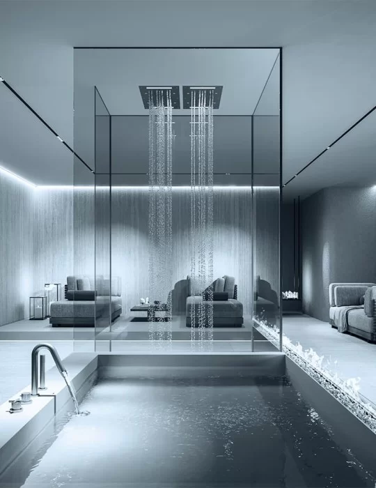 Plafond de douche ciel pluie, cascade, brumisateurs et chromothérapie.