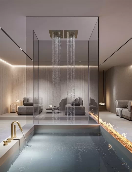 Plafond de douche ciel pluie, cascade, brumisateurs et chromothérapie.