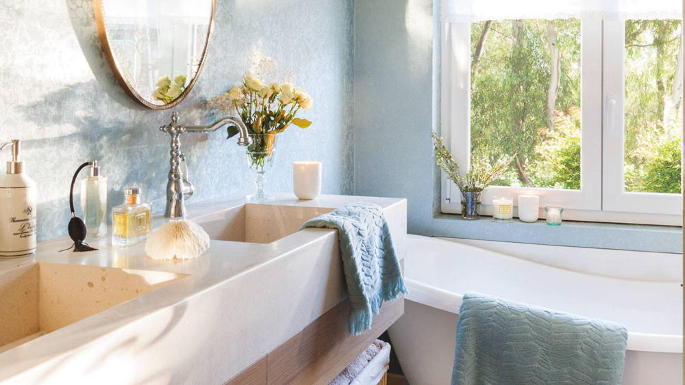 plantes dans une salle de bain vintage